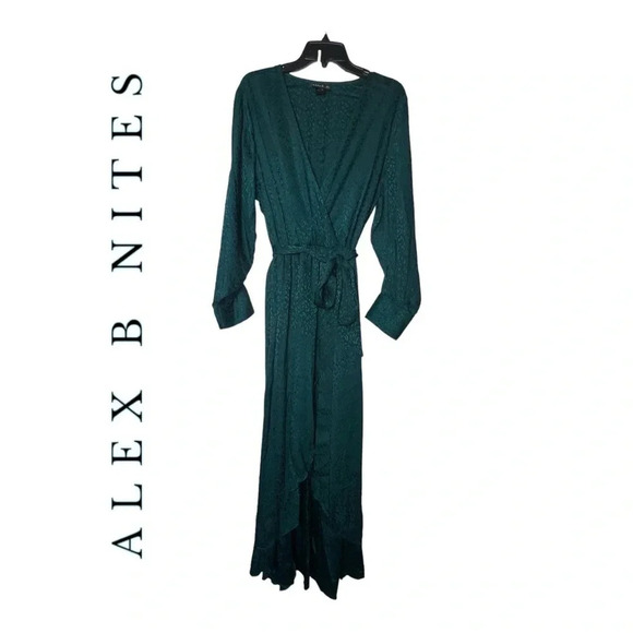 1812. ALEX‎ B NITES LONG SLEEVE MAXI DRESS LEOPARD PRINT IN EMERALD GREEN COLOR - Picture 1 of 8